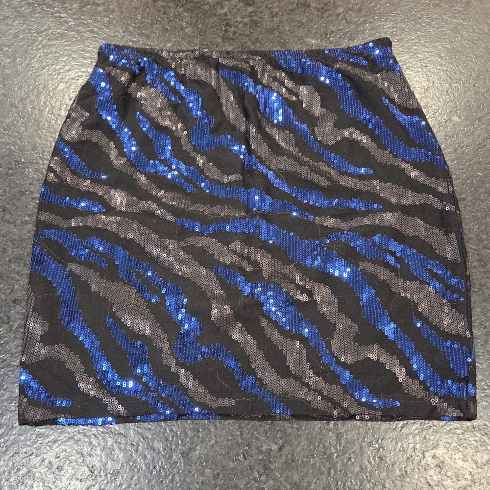 Blue and Black Sequin Mini‎ Pencil Skirt Holiday Party Lined Statement Women S - Picture 2 of 3